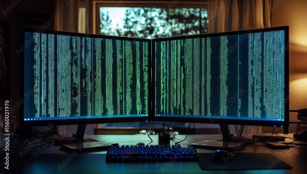Poster Dual monitors displaying code at night.