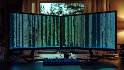 Dual monitors displaying code at night.