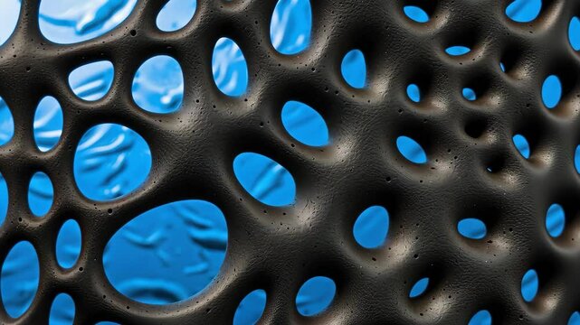 Video footage of black porous structure with irregular holes against a blue background, showcasing intricate texture and contrast