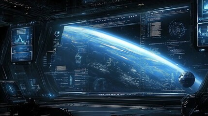 Obraz premium Futuristic control room with a view of Earth from space.