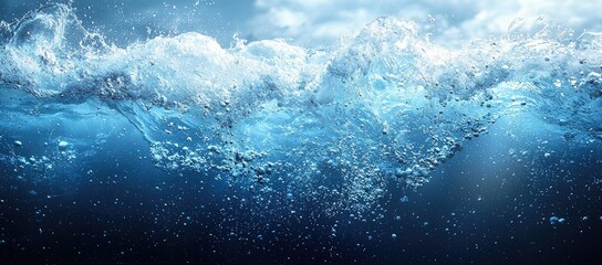 A dynamic underwater scene showcasing waves and bubbles in a vibrant blue ocean.