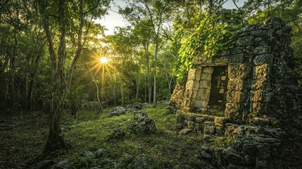 Sunlit Mayan ruins overgrown by jungle vegetation.