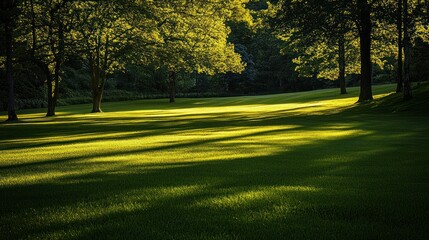 Fototapeta premium Sunlit park lawn with dappled shade from trees.