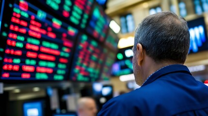 Fototapeta premium Man Observing Stock Market Trends on Large Electronic Display Board : Generative AI