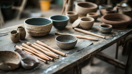 A scenic pottery workshop with crafted clay pieces, Pottery tools arranged on a rustic table, Artisanal craft style