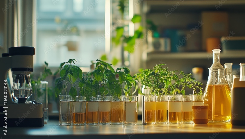 Poster Plants in beakers with liquids on lab table by window.