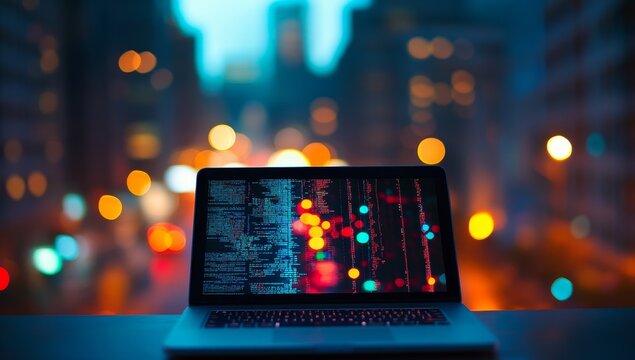 Laptop displaying code at night with city bokeh.