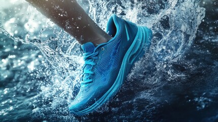 Stylish athletic shoes with dynamic water splashes for an ad campaign 