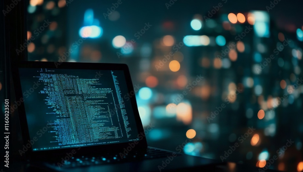 Poster night city bokeh background with laptop displaying code.