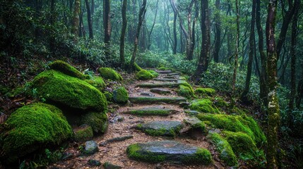 Mossy stone path winding through a lush, misty forest.