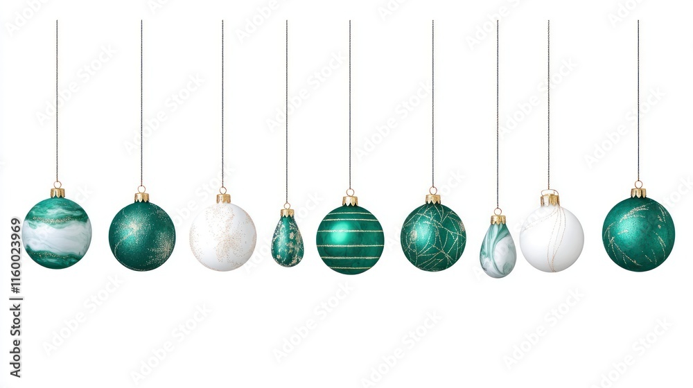 Wall mural Holiday Cheer: Hand-Painted Green and White Christmas Baubles Banner and Greeting Card Set