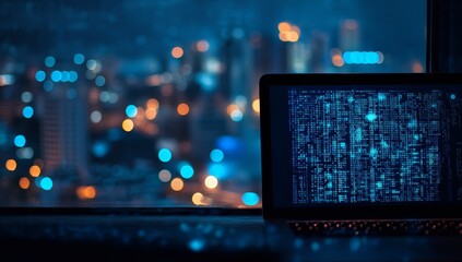 Fototapeta premium Night city bokeh view from window with laptop showing code.