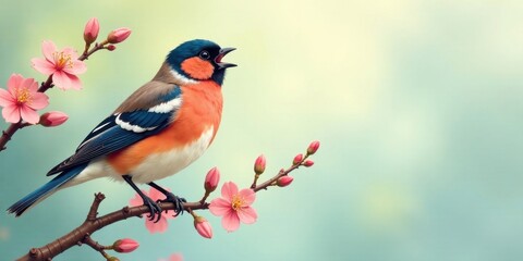 Fototapeta premium A vibrant songbird perched on a blossoming branch, its plumage a striking contrast against the delicate pink flowers, a symbol of springtime's arrival and nature's beauty