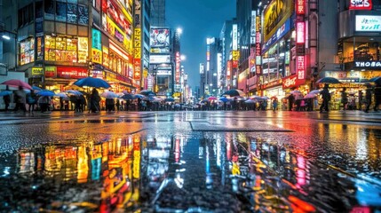 Vibrant city street at night, reflecting in a rain-slicked street.