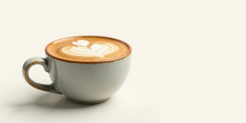 Aromatic Cappuccino in a Speckled Cup with Latte Art on a White Background