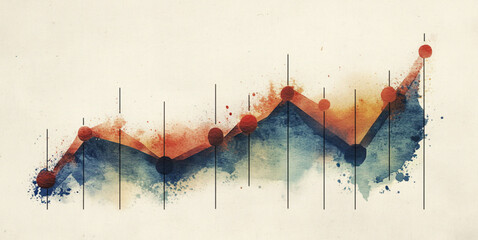 a watercolour line graph showing an exponential upwards trend to the right, vintage 1960s minimal art illustration
