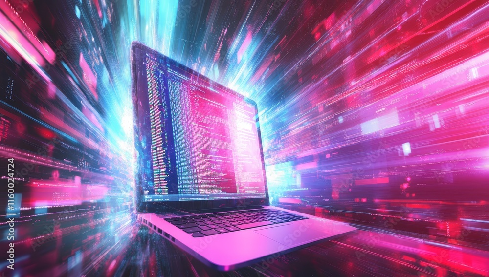 Poster laptop displaying code, surrounded by vibrant light streaks suggesting high speed data transfer.
