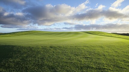Fototapeta premium Undulating green golf course fairway under a partly cloudy sky.