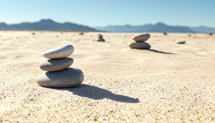 stones, balanced, three, arrangement, simple, sandy, surface, mountain, range, distant, clear, blue, sky, serene, tranquil, harmony, zen, nature, peaceful, minimalist, outdoors, calm, alignment, 