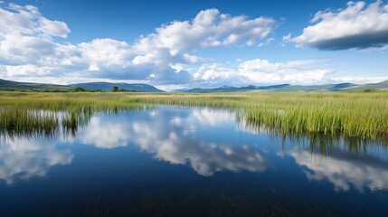 Fototapeta premium Beautiful lake landscape with blue sky and clouds reflecting in clear calm water : Generative AI