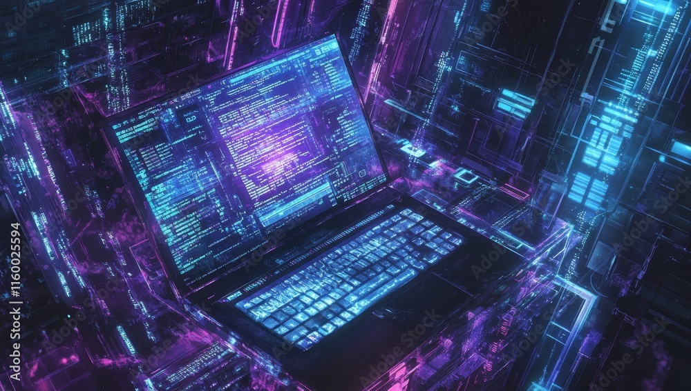 Poster Futuristic laptop displaying code in a digital environment.