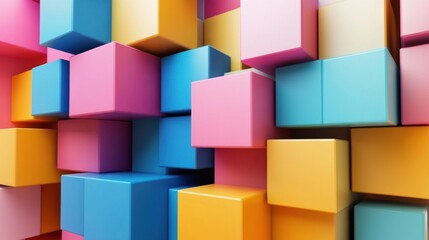 Obraz premium Abstract Colorful Cubes 3D Render: A vibrant composition of colorful cubes creating a dynamic and playful visual experience. Ideal for backgrounds, design projects, and artistic expression.