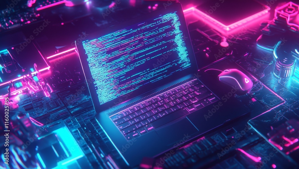 Poster neon-lit laptop displaying code on a vibrant tech surface.