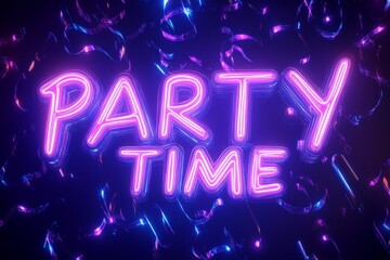 Neon Party Time Sign with Vibrant Colors and Festive Confetti for Celebration Theme