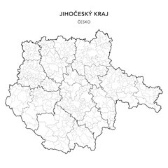 Political Map of the South Bohemian Region (Jihočeský kraj) with Districts (Okres), AD MEC (SO ORP), AD CLA (SO POU) and Municipalities (Obcí) as of 2024 - Czechia/Czech Republic (Česko) - Vector Map