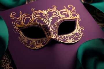 "Elegant Gold Masquerade Mask on Purple Surface with Green Silk Accents for Luxurious Mystery Themes