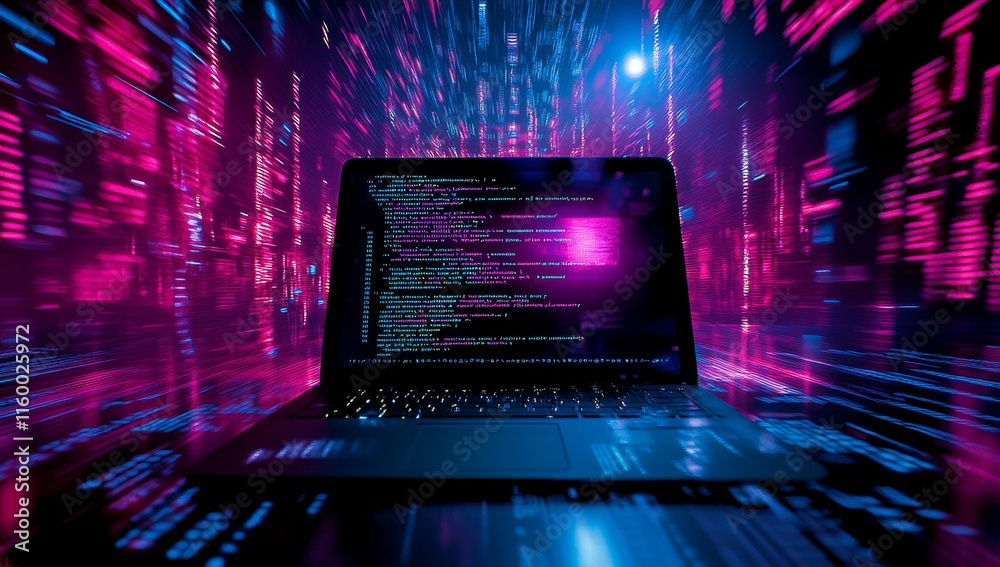 Poster Laptop displaying code in vibrant digital environment. (1)