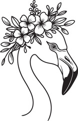 A flamingo's head adorned with a floral crown 