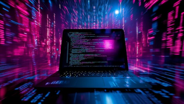 Laptop displaying code in vibrant digital environment. (1)
