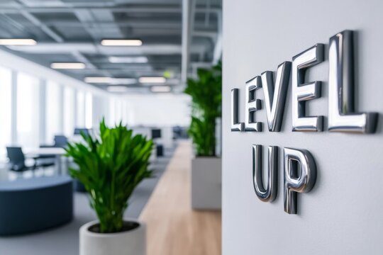 Modern Office with Inspirational "Level Up" Sign and Greenery in a Bright Work Environment