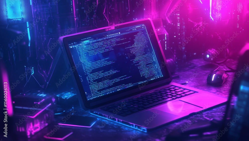 Poster laptop displaying code in neon-lit digital environment.