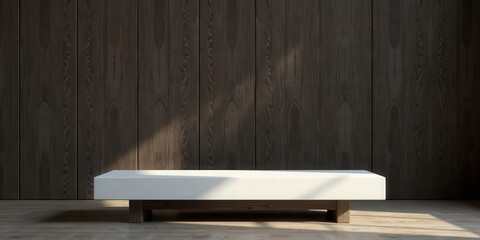 Modern Minimalist White Platform Against Dark Wood Paneling