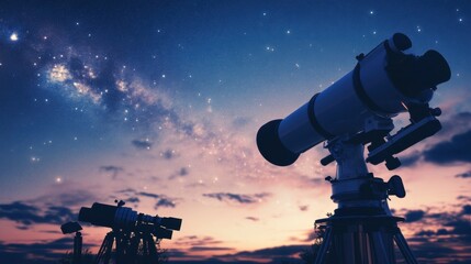 Fototapeta premium A serene astronomy observatory with telescopes and star charts, Astronomy tools and clear night sky meticulously arranged, Stargazer's haven style