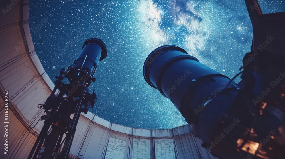 Poster a serene astronomy observatory with telescopes and star charts, celestial tools and equipment meticu