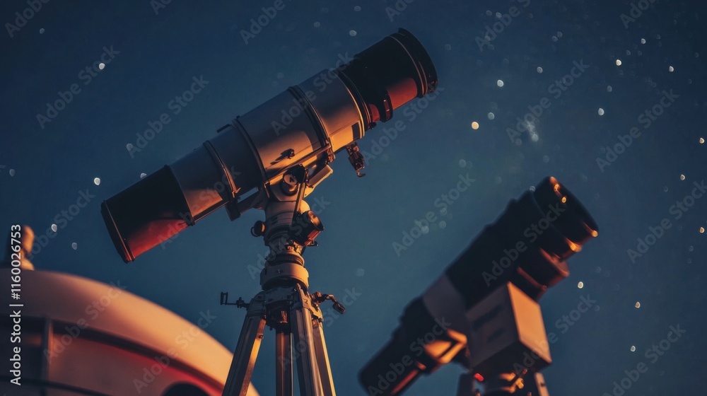 Poster a serene astronomy observatory with telescopes and star charts, celestial tools and equipment meticu