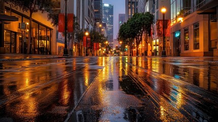 Fototapeta premium Wet city street at night with reflections.