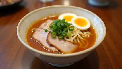 A bowl of ramen featuring tender meat and a perfectly cooked egg, garnished with green onions and broth. 