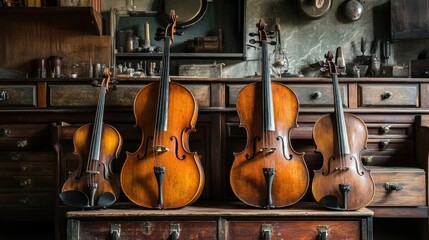 Naklejka premium Four Violins Resting on an Antique Dresser