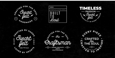 A collection of vintage-style badges with handcrafted fonts emphasizing quality, authenticity, and craftsmanship, suitable for branding or decorative use