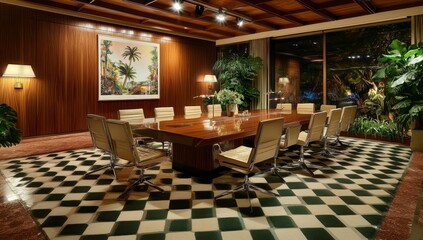 Fototapeta premium Luxurious conference room with large wooden table, modern chairs, and tropical artwork.