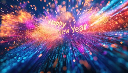Colorful fireworks with the text "Happy New Year" on a vibrant background, featuring an abstract and futuristic design with glowing light effects. Perfect for New Year greeting cards, digital banners