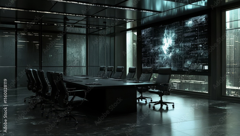 Poster Dark futuristic boardroom with large screen displaying data.