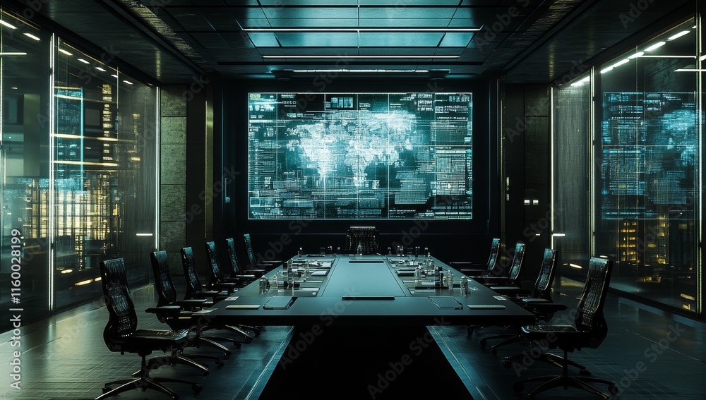Poster modern dark conference room with large digital world map display.