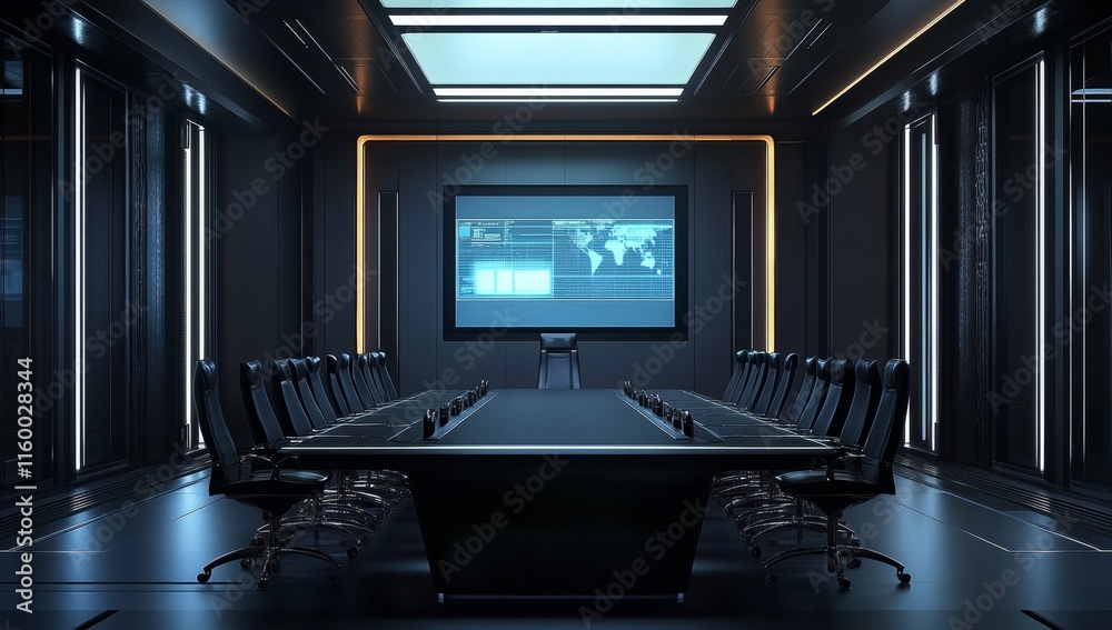 Poster Modern dark conference room with large screen displaying world map and data.