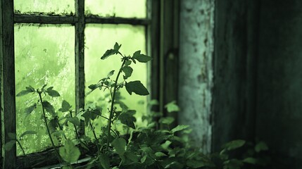 Overgrown plants by a weathered window, evoking a sense of decay.