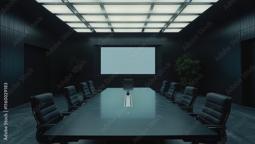 Poster dark modern boardroom with large table and screen.